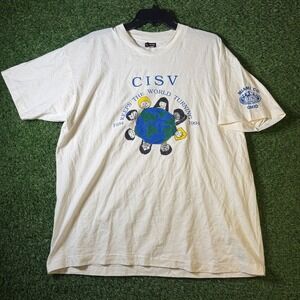 CISV Keeps The World Turning Tee XL Fruit Loom Globe Graphic Made USA 90s Vtg